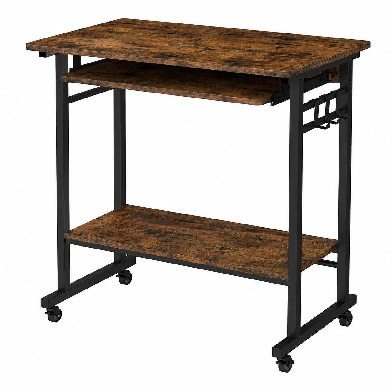 LIFEZEAL Rollbarer Computertisch mit Tastaturablage und Haken, Bürotisch für Laptop, 80x50x78 cm, Braun-Schwarz