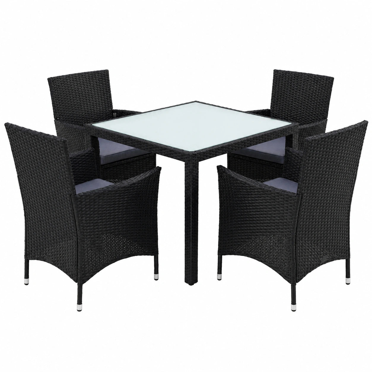 Schwarzes Polyrattan Gartenset für 4 Personen mit Glastisch