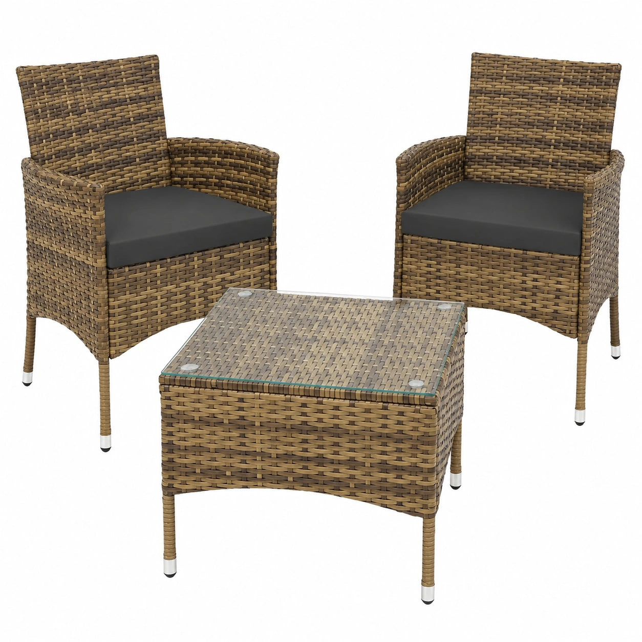 Poly Rattan Gartenmöbel Set mit Kissenbezügen, 2 Sessel und Glastisch, Loungemöbel für Balkon und Garten - Natur