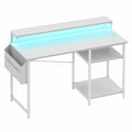 Moderner Bürotisch mit LED-Beleuchtung und Monitorhalter, Computertisch mit Regalen und Aufbewahrung, 120x48x74 cm, Metallrahmen, Weiß