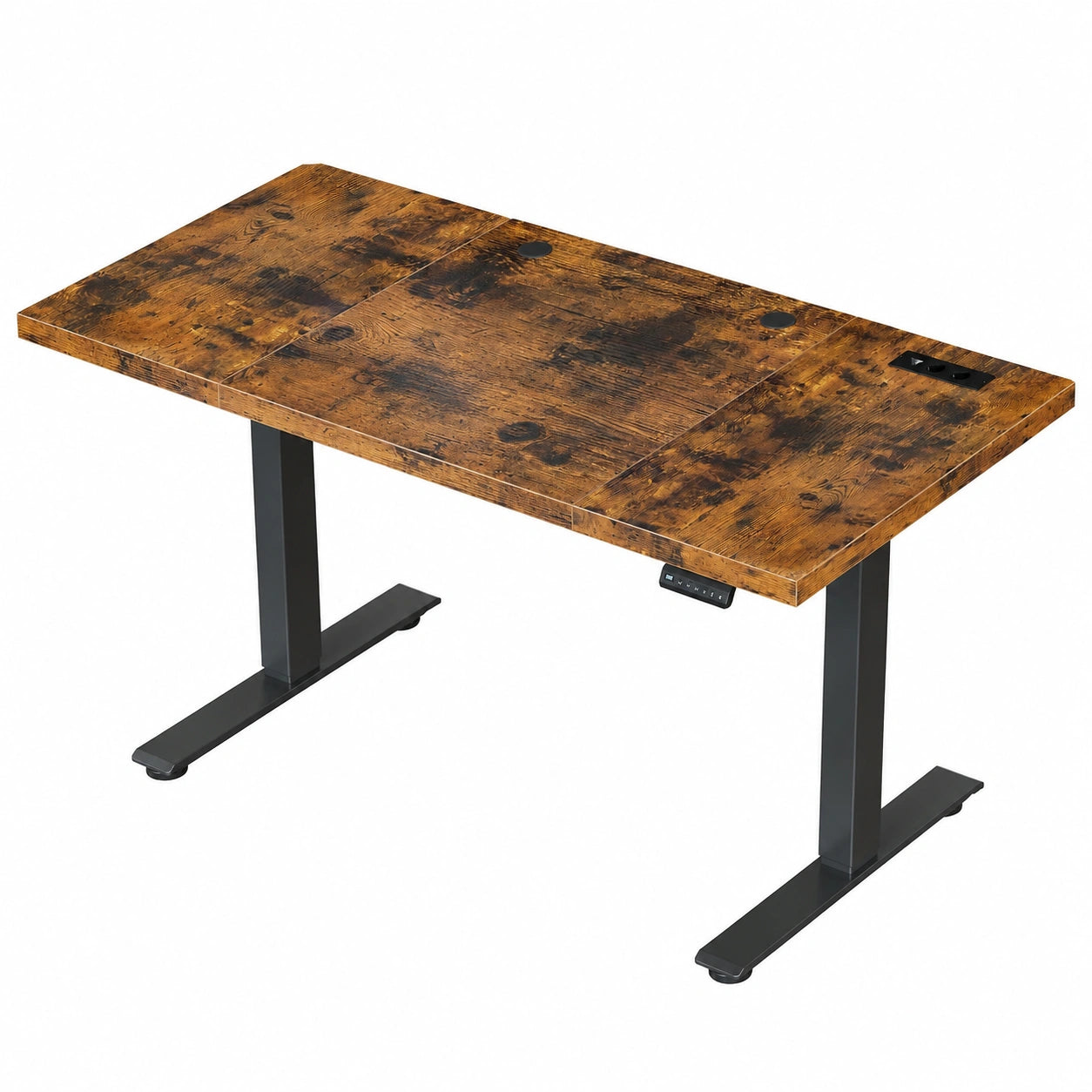 Elektrisch Höhenverstellbarer Schreibtisch 180x70 cm, 35 mm Dicke, Integrierte Steckdose, Stabilität und Ergonomie für Büro und Gaming, Braune T-Füße