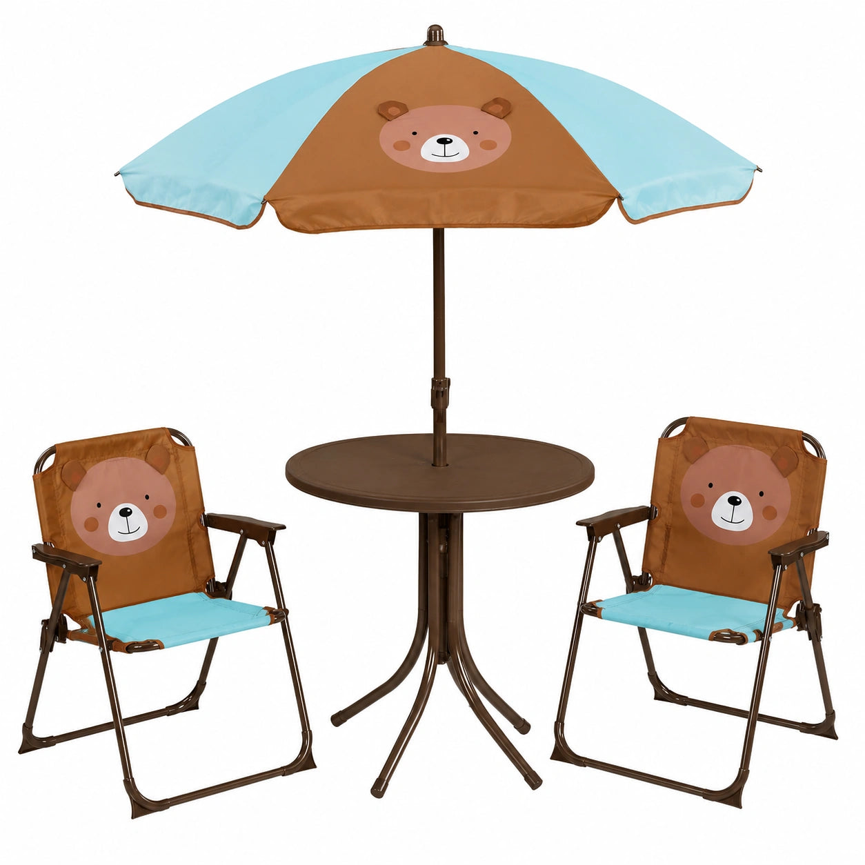 Kindersitzgruppe mit Bärenmotiv, Camping-Set mit Sonnenschirm, Klappstühlen und Tisch, Braun