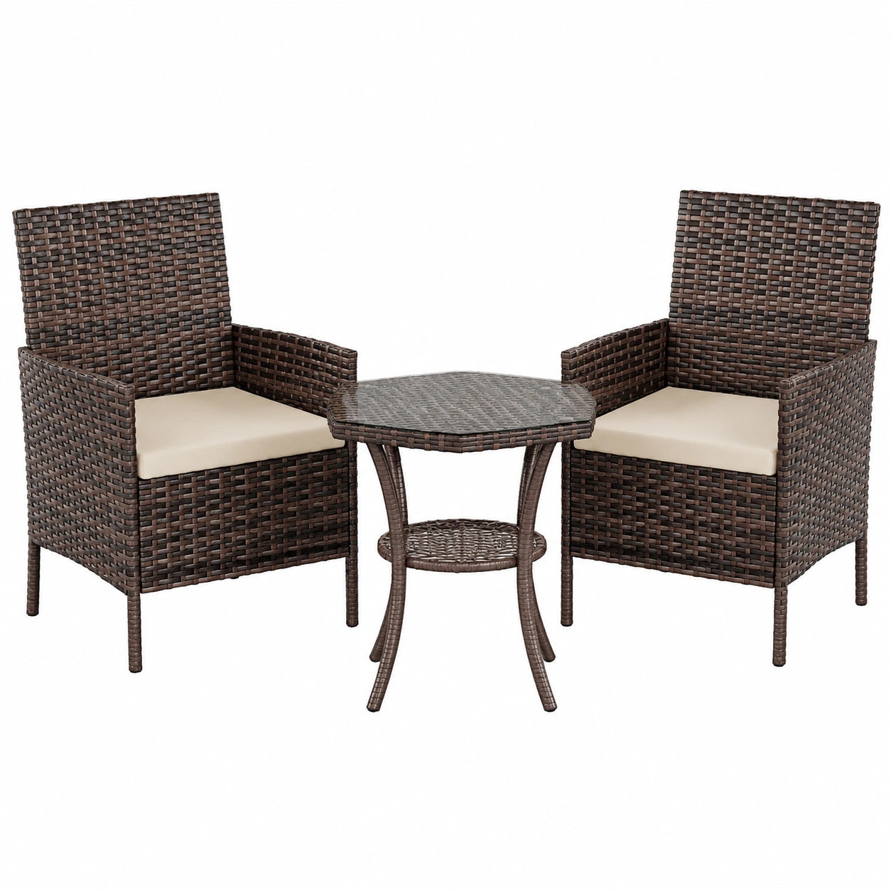 UDPATIO 3-teiliges Gartenmöbelset: Balkonlounge mit Tisch und 2 Stühlen aus Polyrattan, ideal für kleine Terrassen, Braun