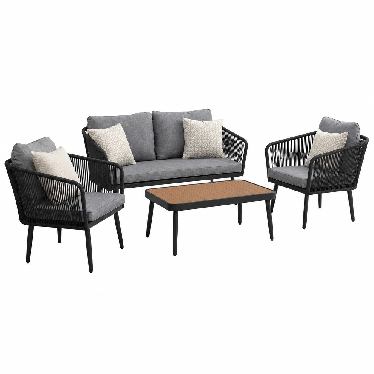 ESTEXO Outdoor Essgruppe: Akazienholz Tisch und Bank mit Rope-Design, Schwarz