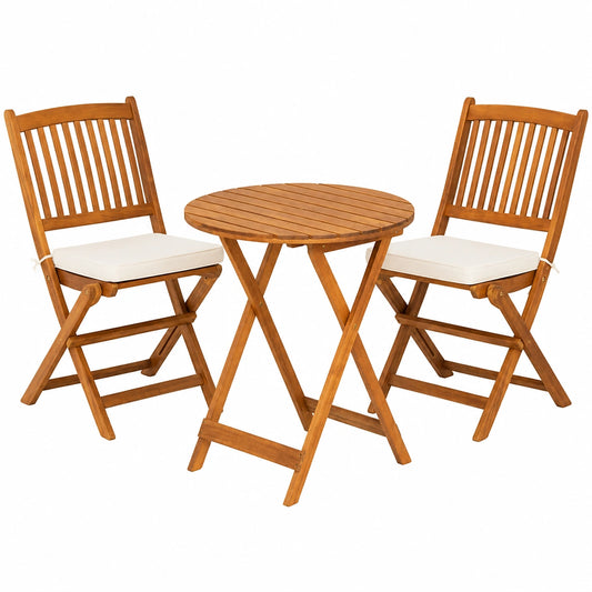 GIANTEX Klappbares Balkonmöbel-Set aus Holz für 2 Personen, inkl. Rundtisch und Stühle mit Kissen, 3-teiliges Outdoor-Bistroset