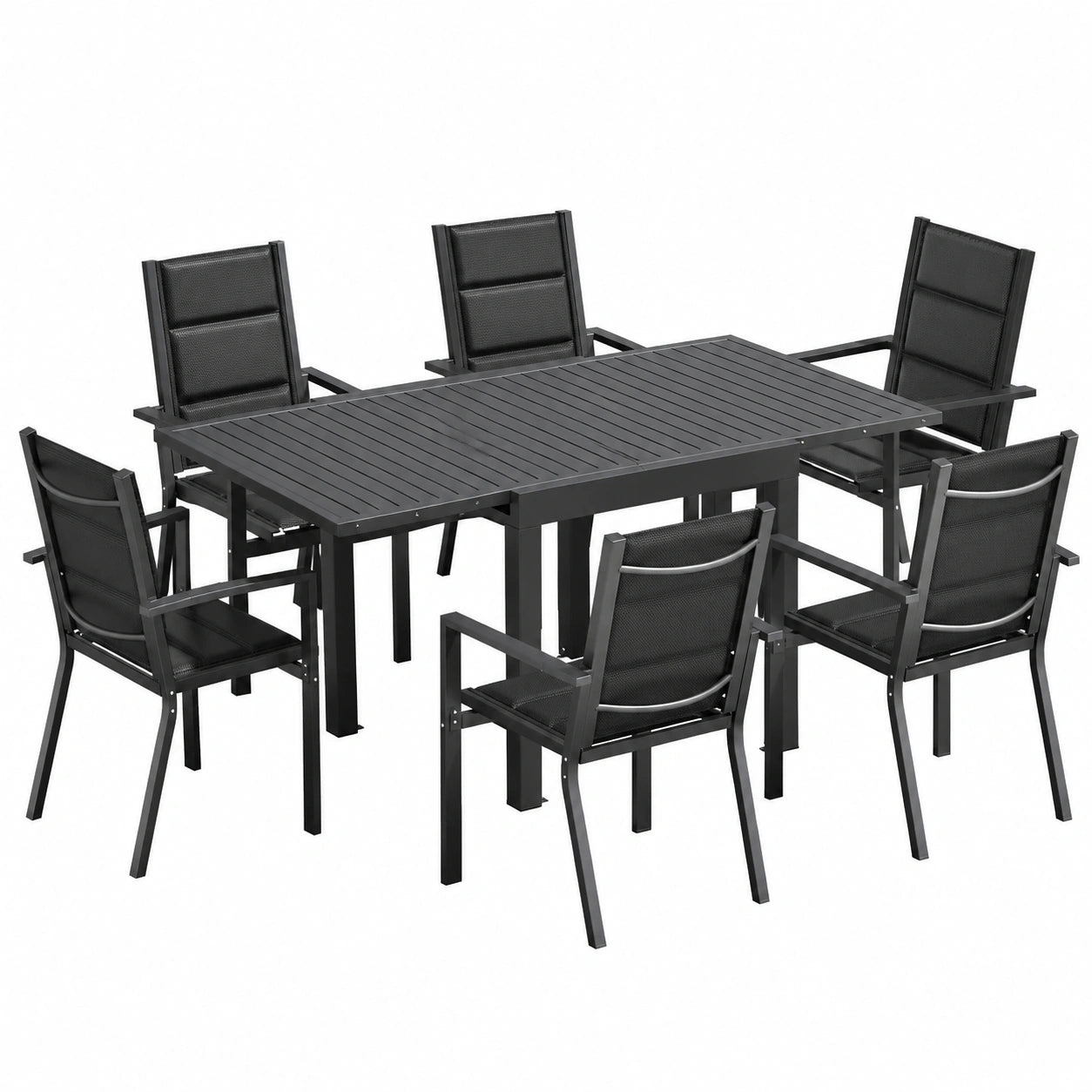 Gartenmöbel Set für 6 Personen, Aluminium Tisch und Stühle, Stapelbare Terrassenmöbel, Ausziehbarer Tisch, Dunkelgrau